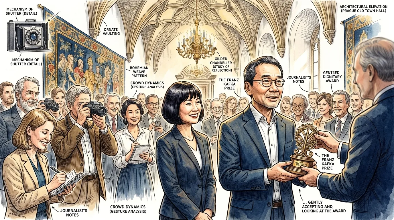 二〇〇六年十月,在布拉格老城大厅古老而金碧辉煌的厅堂里,村上春树以一种沉静而专注的姿态站立着,接受了著名的弗朗茨·卡夫卡奖。 二〇〇六年十月,在布拉格老城大厅古老而金碧辉煌的厅堂里,村上春树以一种沉静而专注的姿态站立着,接受了著名的弗朗茨·卡夫卡奖。