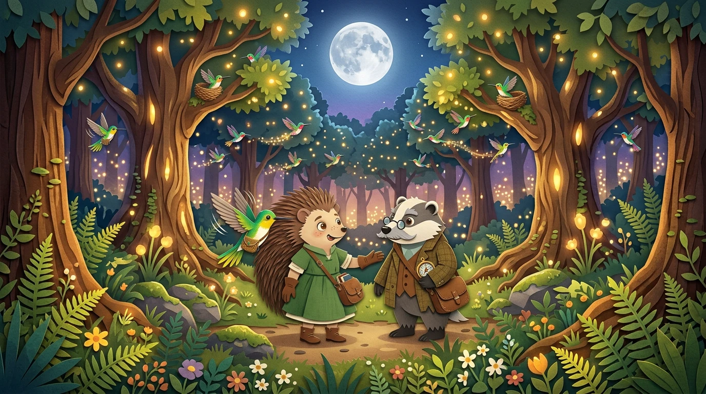 回到低语森林,荧光树汁照亮了夜晚。蜂鸟们安全地飞回巢穴。“我们齐心协力,”榛子对山雀说,微笑着,其他人则欢呼雀跃。 回到低语森林,荧光树汁照亮了夜晚。蜂鸟们安全地飞回巢穴。“我们齐心协力,”榛子对山雀说,微笑着,其他人则欢呼雀跃。