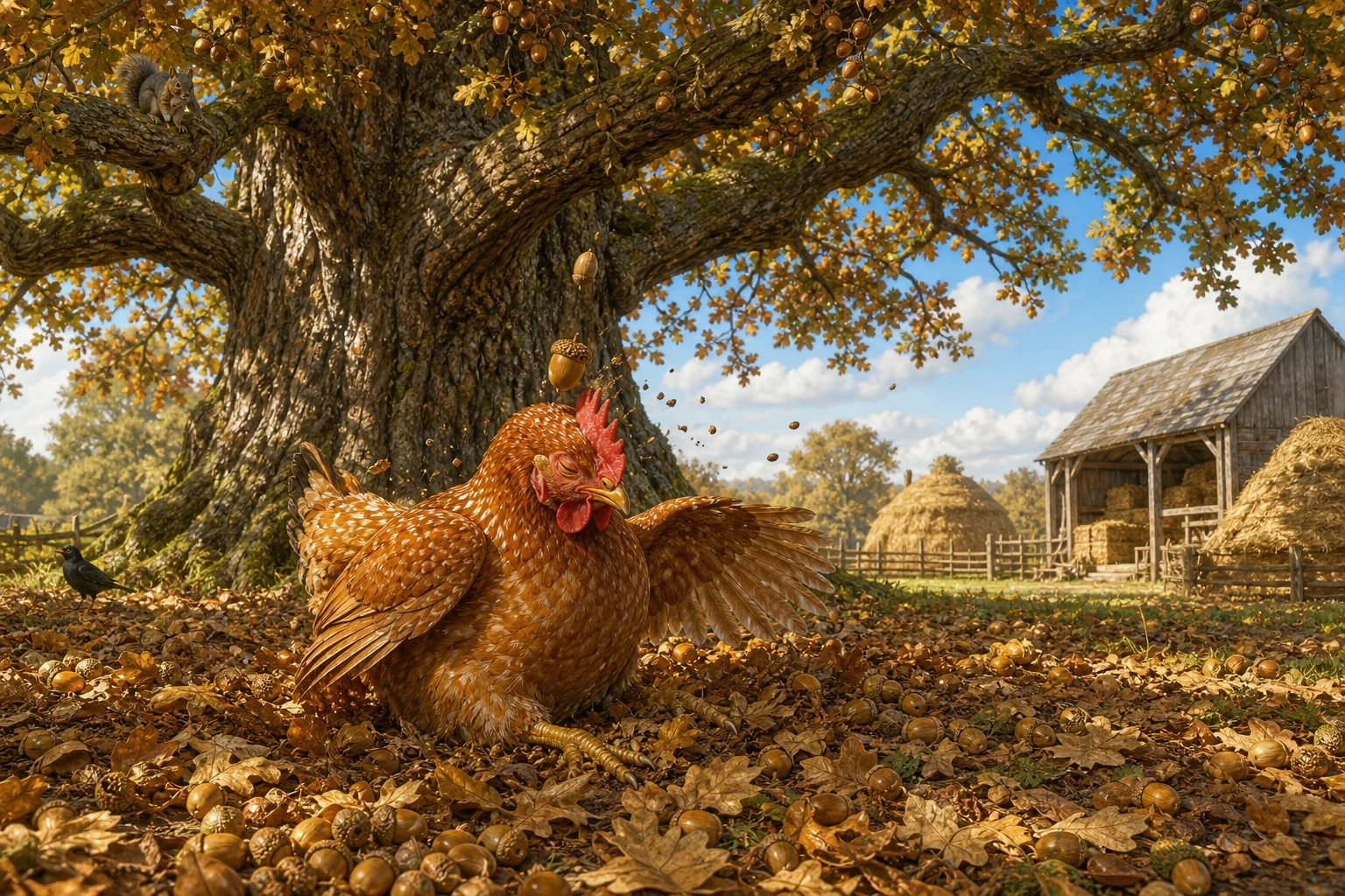 And then an acorn fell off the oak tree and hit her on the head. It was a perfectly ordinary acorn and it did her no harm whatsoever, and if she had looked up…