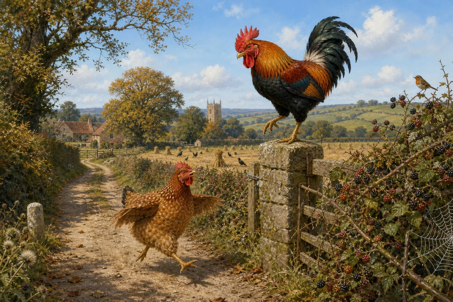 So off she went down the lane at a great rate, and the first person she met was Cocky-Locky, standing on the gate post with the whole morning in front of him.
