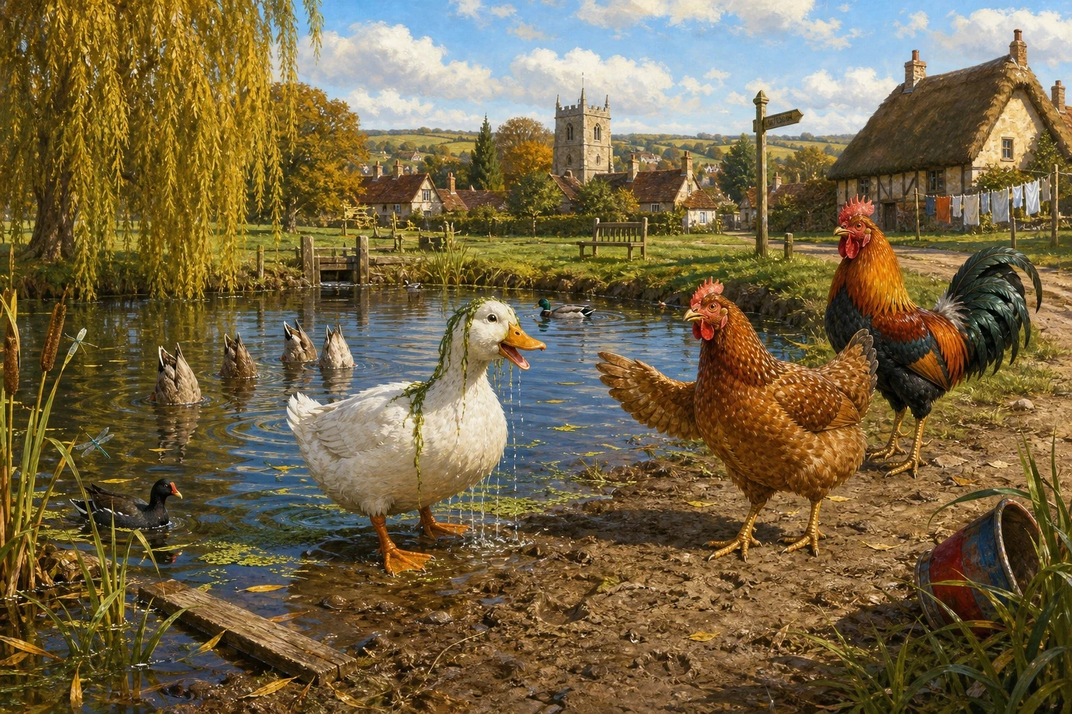 They went on together, and the next person they met was Ducky-Daddles, coming up out of the pond with duckweed on her head.