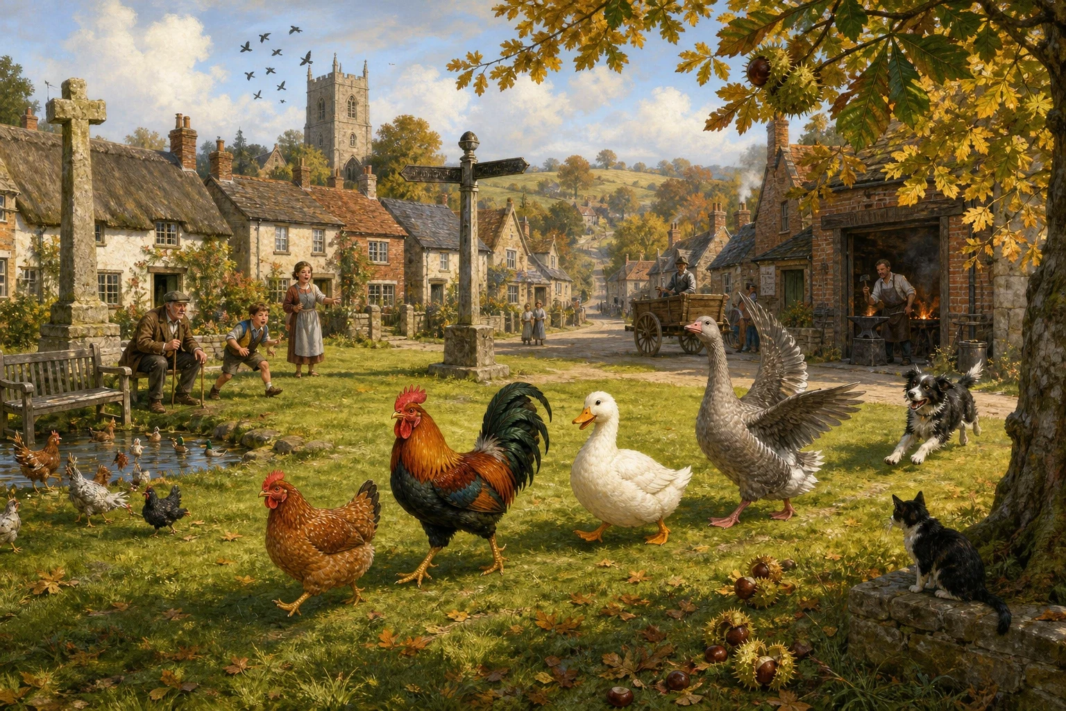 On the green they met Goosey-Poosey, who hissed at all three of them before she had even heard what they wanted, because that was simply how she greeted people.