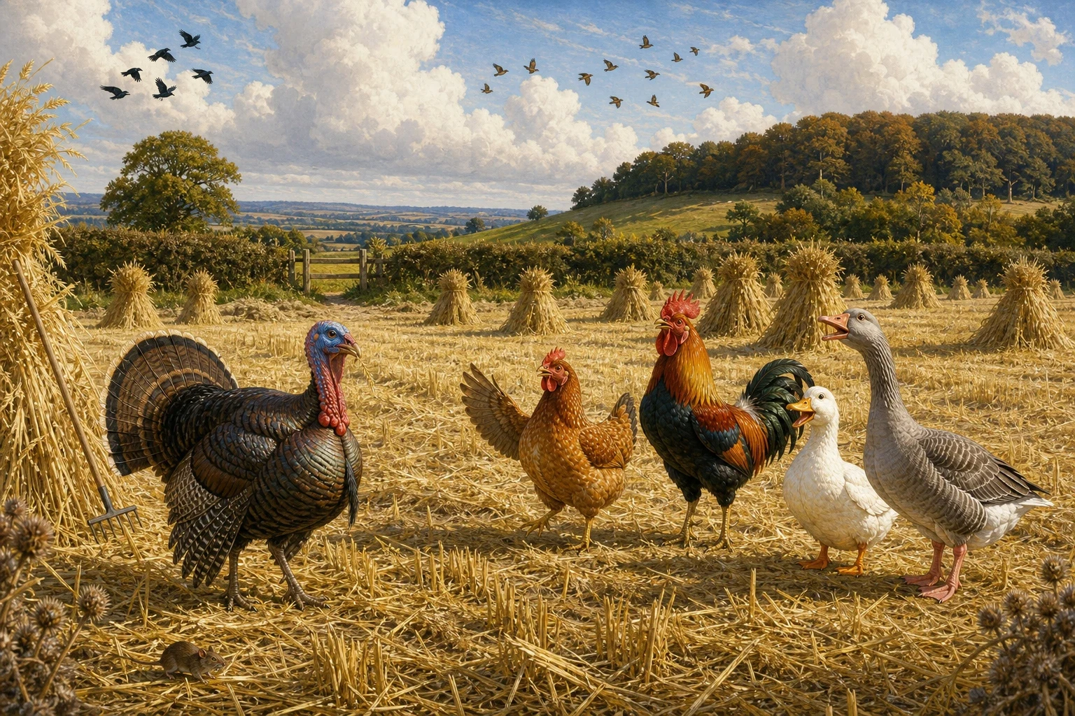 At the top of the hill they came through a gap into a stubble field where Turkey-Lurkey was gleaning among the stooks, and the whole thing happened for the…