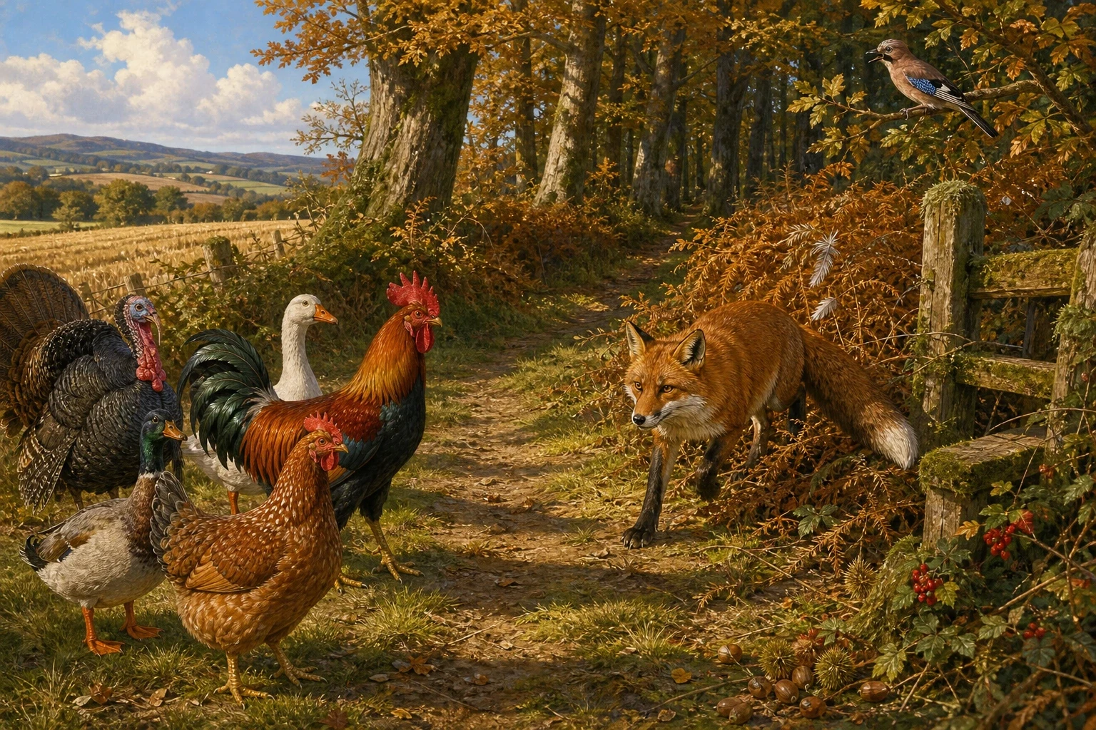 And then, exactly as they came out of the stubble onto the track at the edge of the wood, who should step out of the bracken but Foxy-Woxy.