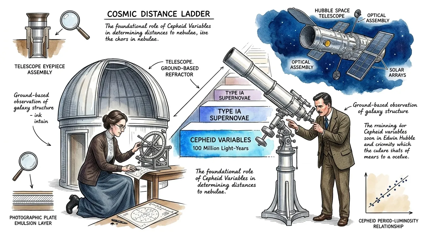 亨丽爱塔·勒维特的周光关系构成了“宇宙距离阶梯”的基础,这是一系列相互关联的方法,天文学家利用它们来确定距离越来越遥远的天体的距离。 亨丽爱塔·勒维特的周光关系构成了“宇宙距离阶梯”的基础,这是一系列相互关联的方法,天文学家利用它们来确定距离越来越遥远的天体的距离。
