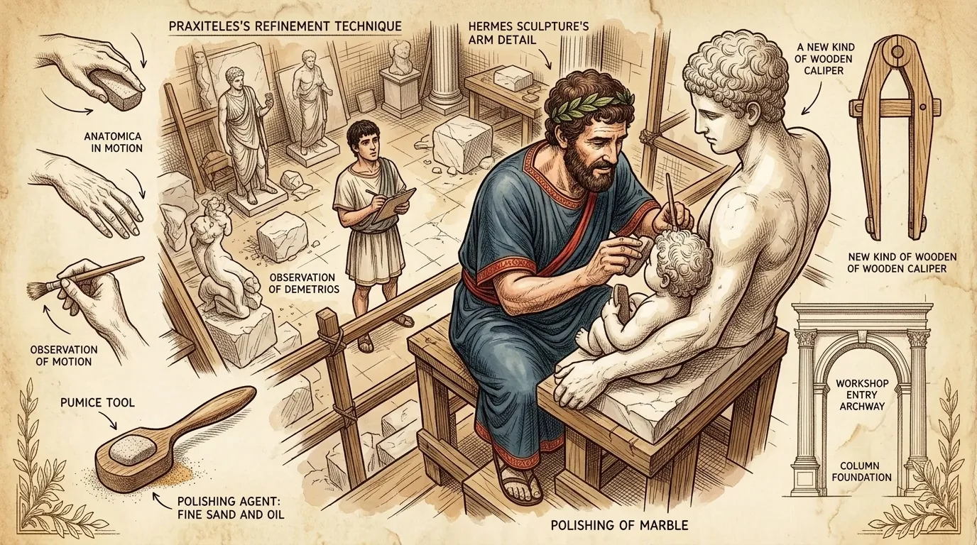 Praxiteles was known for his meticulous attention to detail, especially in the final polishing of his sculptures. He believed that the surface of the marble… Praxiteles was known for his meticulous attention to detail, especially in the final polishing of his sculptures. He believed that the surface of the marble…