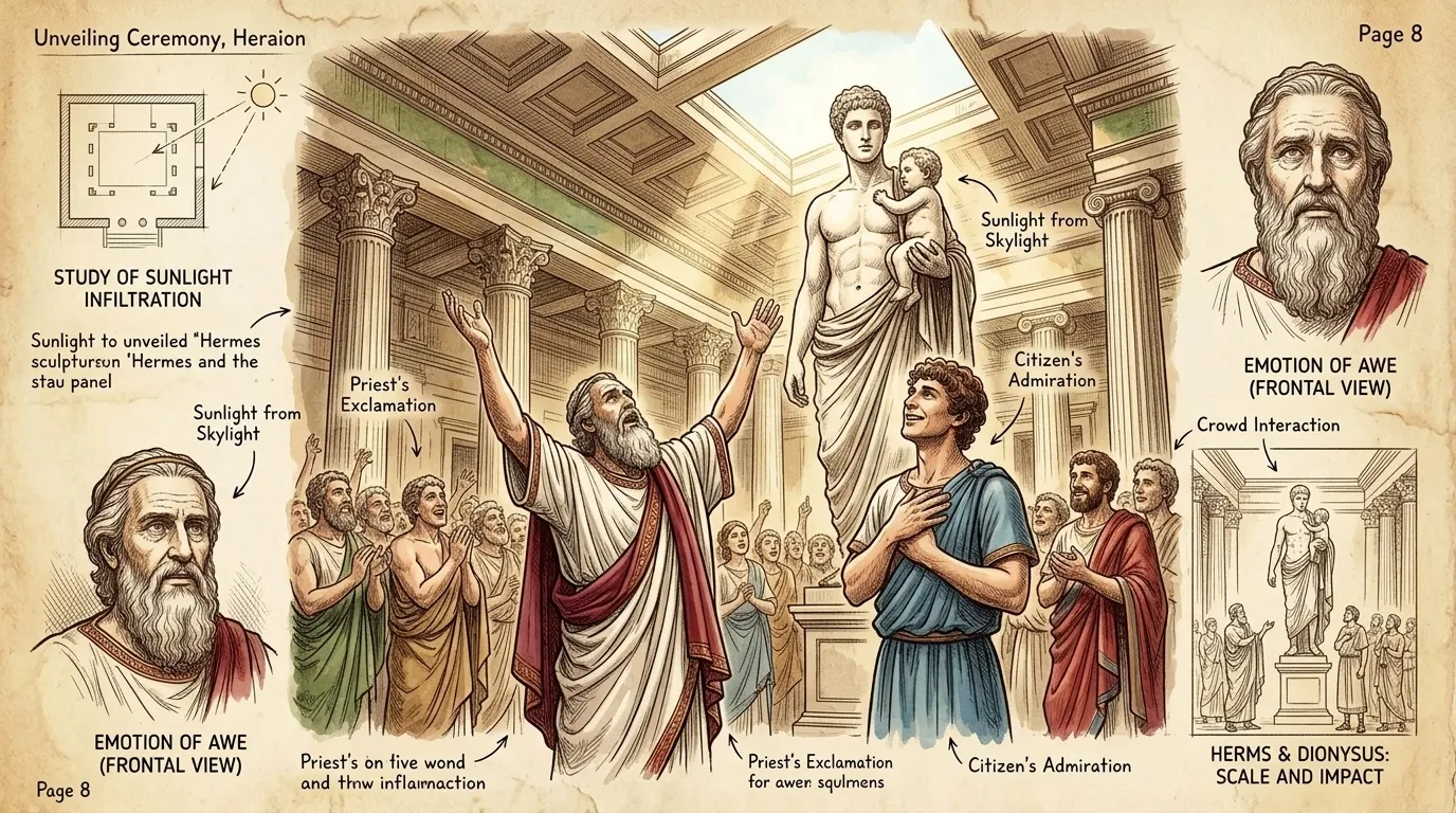 When 'Hermes and the Infant Dionysus' was finally unveiled in the Heraion of Olympia, it was met with immediate acclaim. When 'Hermes and the Infant Dionysus' was finally unveiled in the Heraion of Olympia, it was met with immediate acclaim.