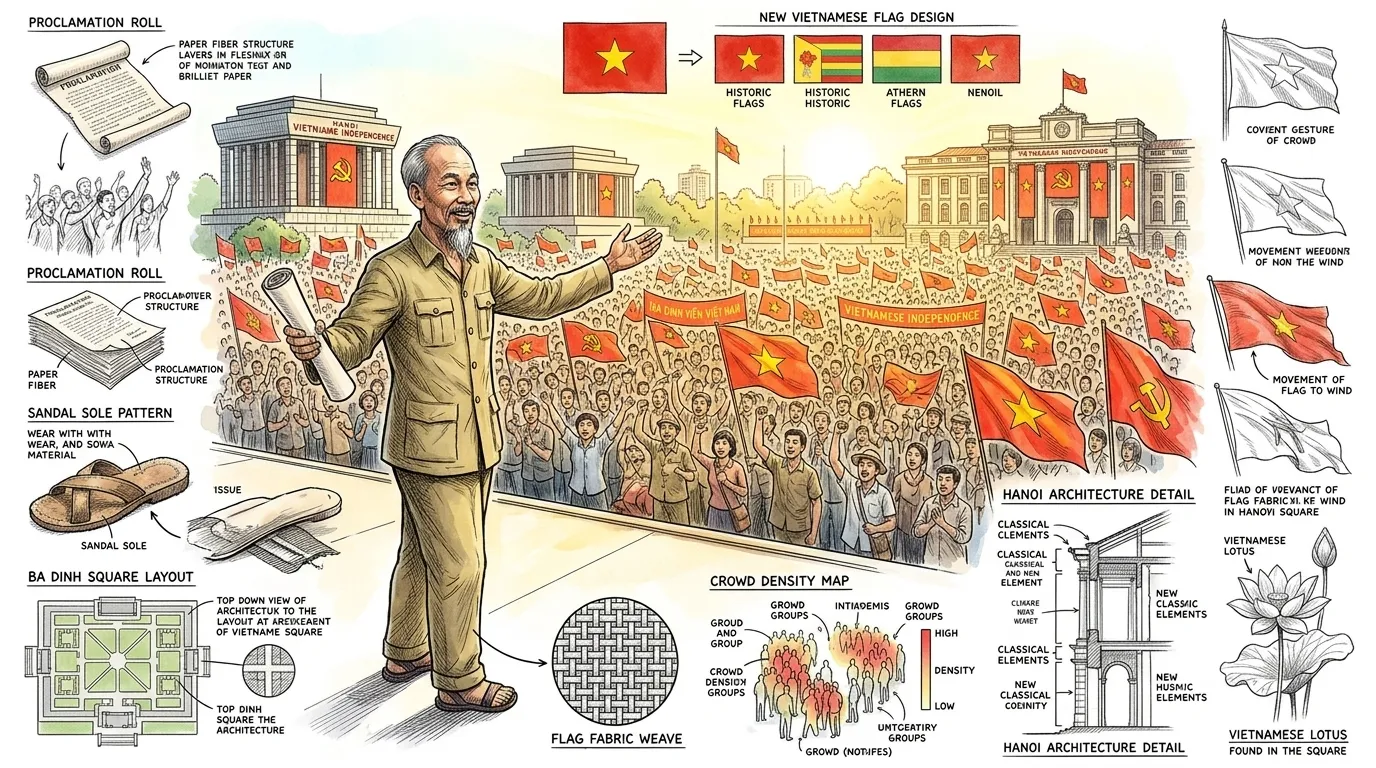 一九四五年九月二日,在河内巴亭广场,一个决定性的时刻被铭刻在历史中。在数十万欢欣鼓舞的人群面前,一位身穿朴素卡其色西装的人物走了出来。 一九四五年九月二日,在河内巴亭广场,一个决定性的时刻被铭刻在历史中。在数十万欢欣鼓舞的人群面前,一位身穿朴素卡其色西装的人物走了出来。