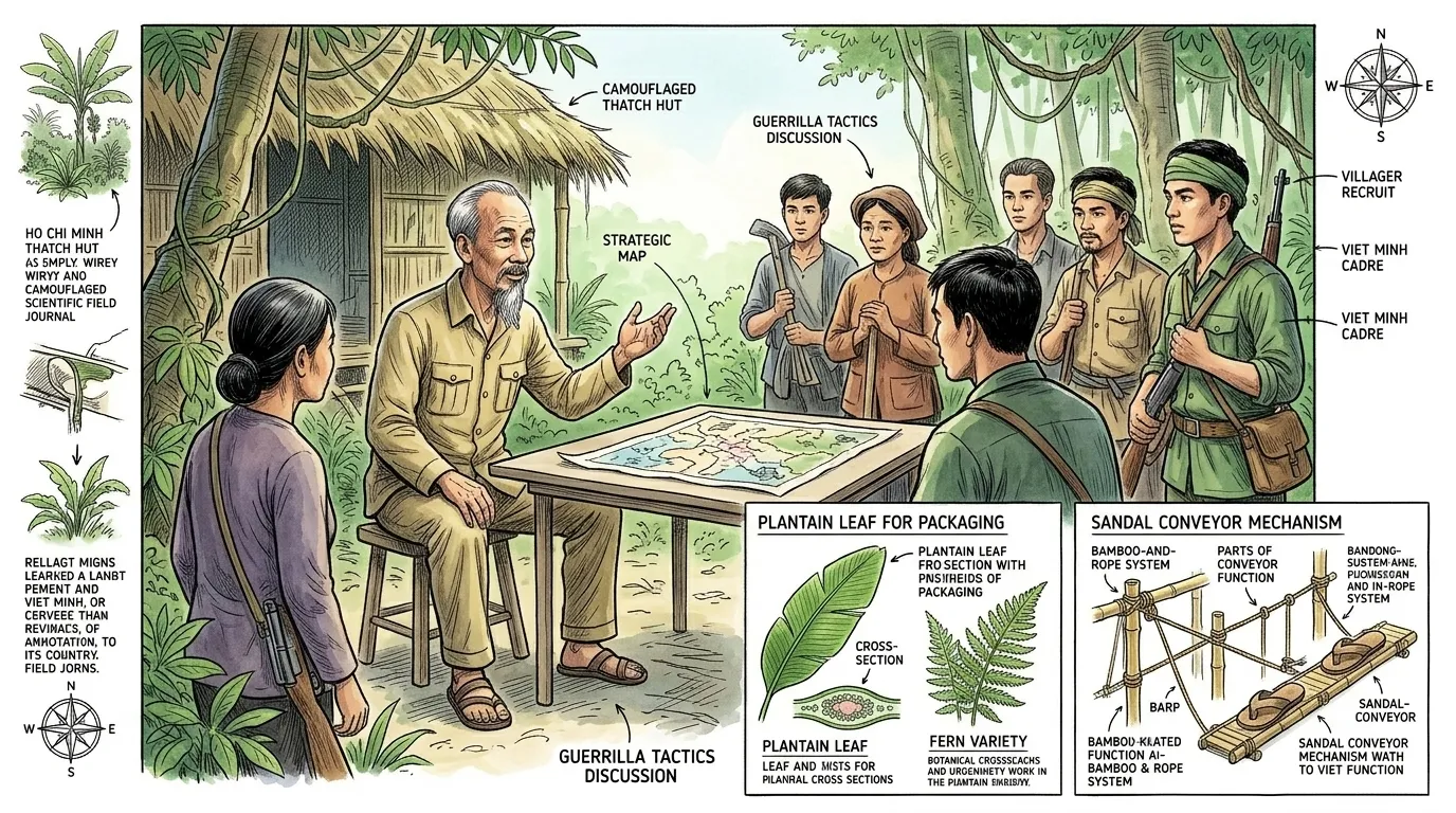 胡志明在他的丛林藏身处指挥着越南独立同盟会(越盟)的艰苦组织工作。他明白仅凭军事力量是不够的;成功取决于民众的支持。 胡志明在他的丛林藏身处指挥着越南独立同盟会(越盟)的艰苦组织工作。他明白仅凭军事力量是不够的;成功取决于民众的支持。
