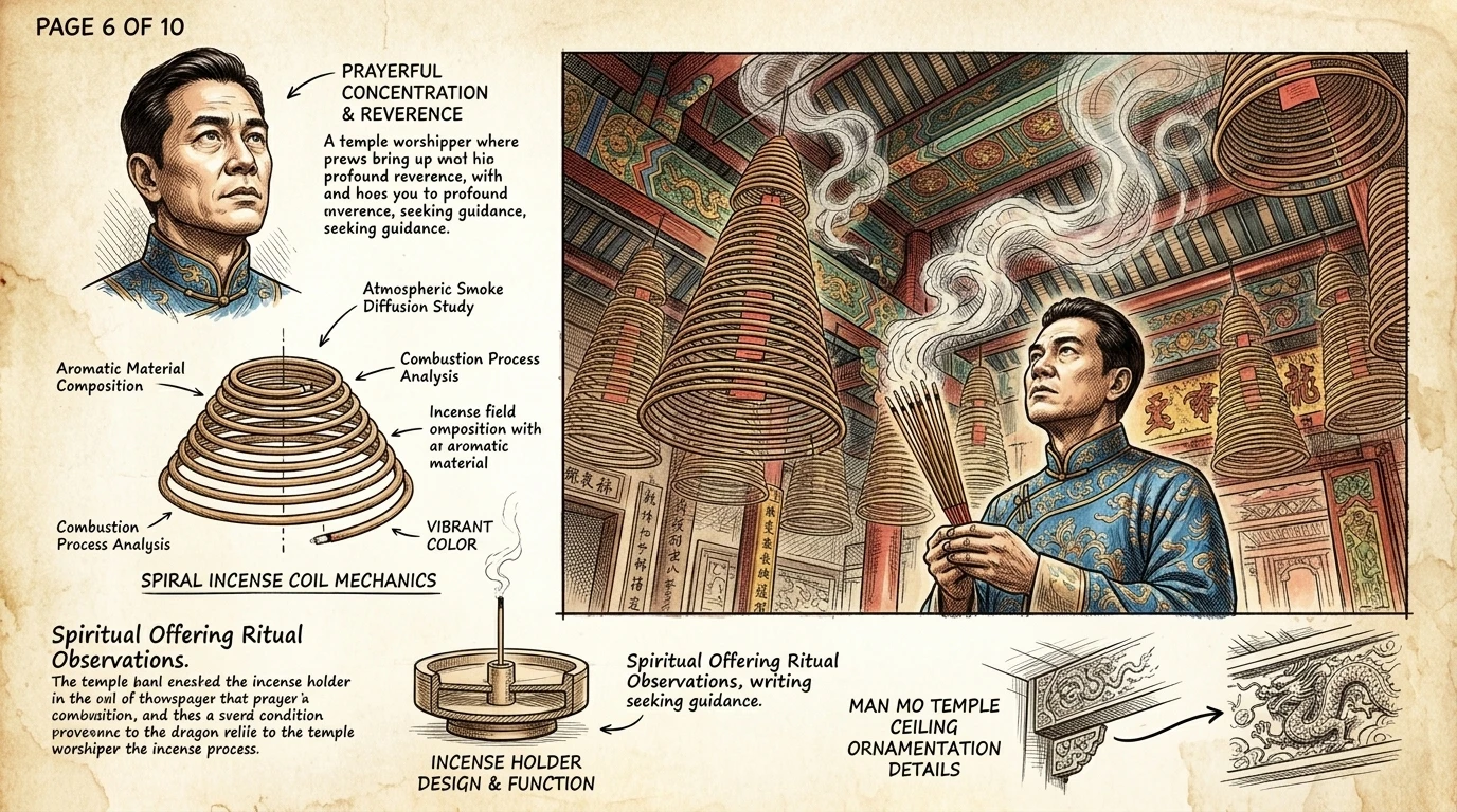 在文武庙里,高大的盘香从天花板上垂下,芬芳的香气弥漫整个空间。善男信女们前来参拜文帝和武帝,祈求指引和好运。… 在文武庙里,高大的盘香从天花板上垂下,芬芳的香气弥漫整个空间。善男信女们前来参拜文帝和武帝,祈求指引和好运。…
