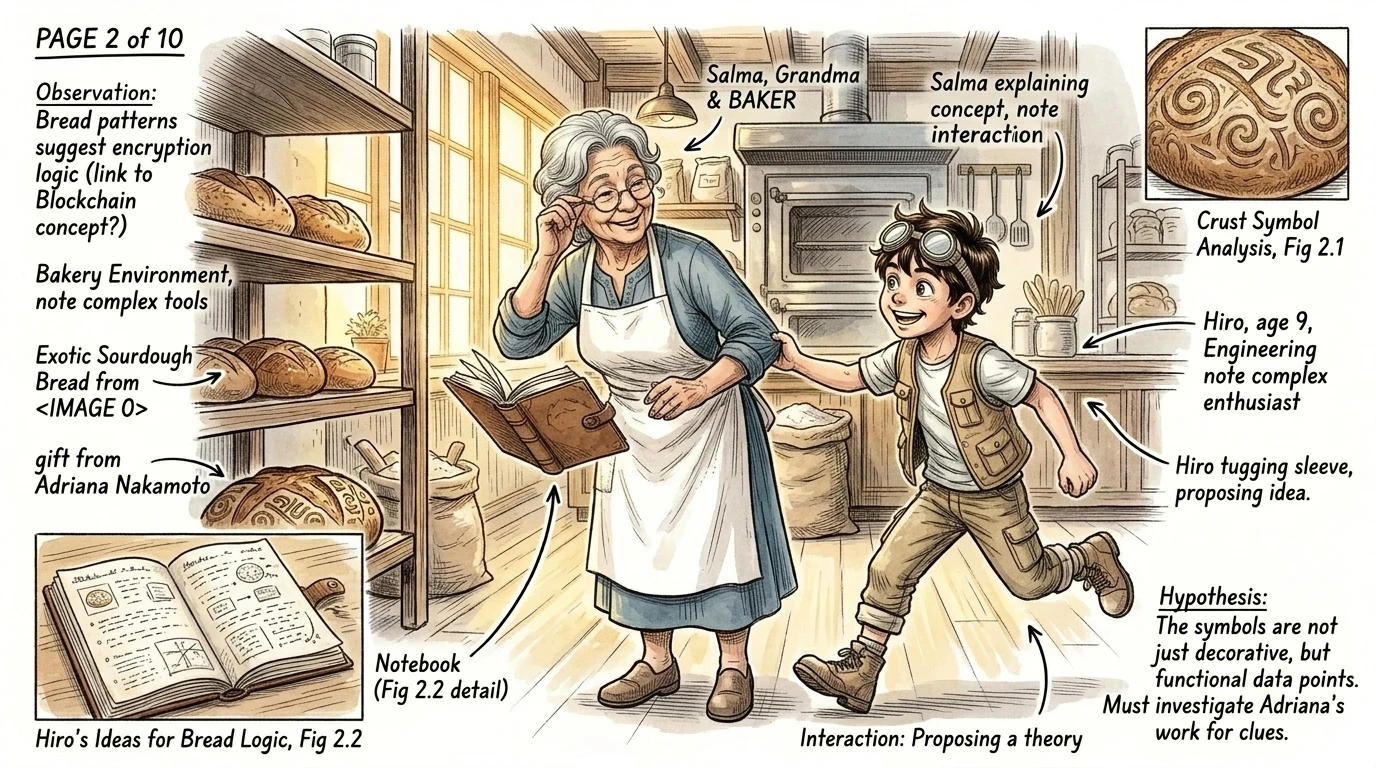 “每份食谱都是一把钥匙，弘，”萨尔玛边说边扶了扶眼镜。“但有些钥匙解锁的不只是房间，它们解锁的是理解。”弘翻着他那本磨损的皮面笔记本，那是他另一个奶…