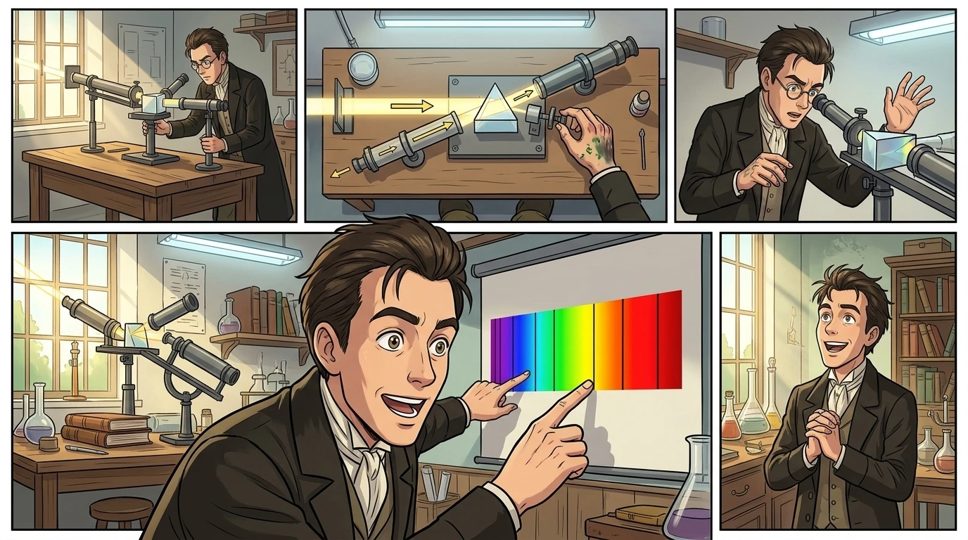 One day, Joseph pointed his telescope at the sun. "Remarkable!" he exclaimed, noticing dark lines in the sun's spectrum. One day, Joseph pointed his telescope at the sun. "Remarkable!" he exclaimed, noticing dark lines in the sun's spectrum.