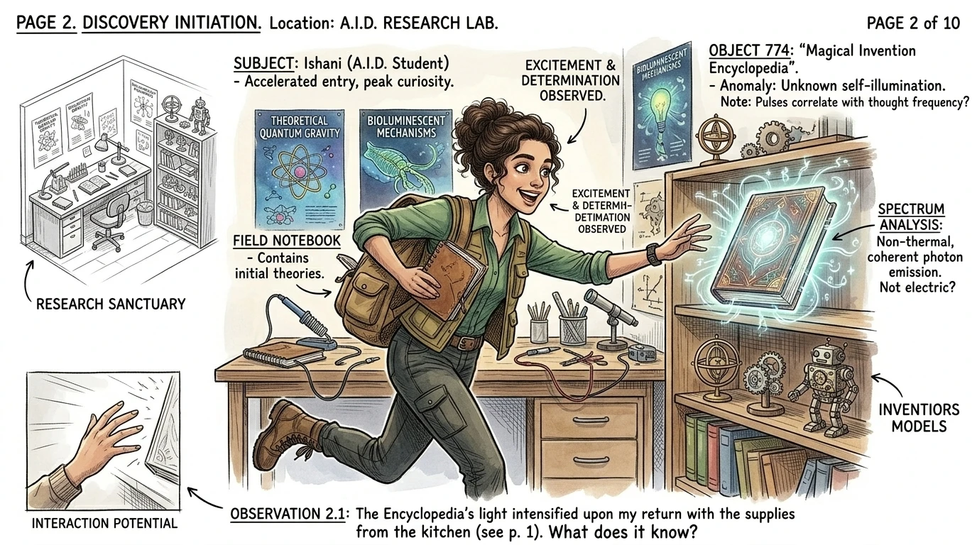 伊莎尼冲回自己的房间，那是一个充满科学海报和发明模型的避风港。“如果人们能自己发电，那真是太棒了！”她喃喃自语，从背包里拿出她那本磨损的皮革笔记本。