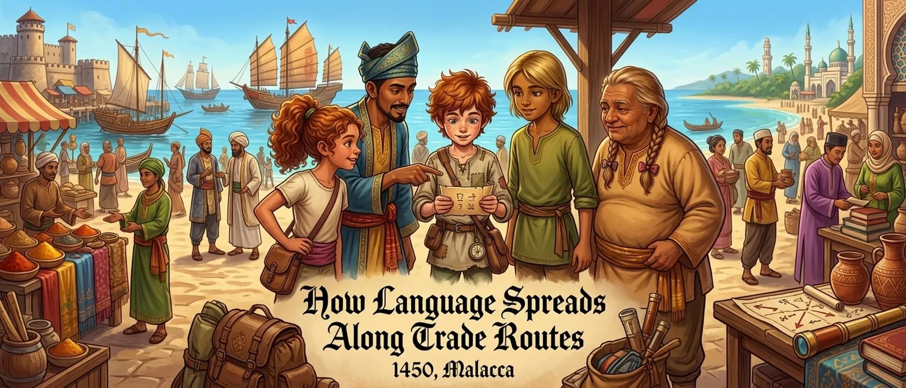 How Language Spreads Along Trade Routes (1450, Malacca) — book cover — Illustrated True Stories from World History How Language Spreads Along Trade Routes (1450, Malacca) — book cover — Illustrated True Stories from World History
