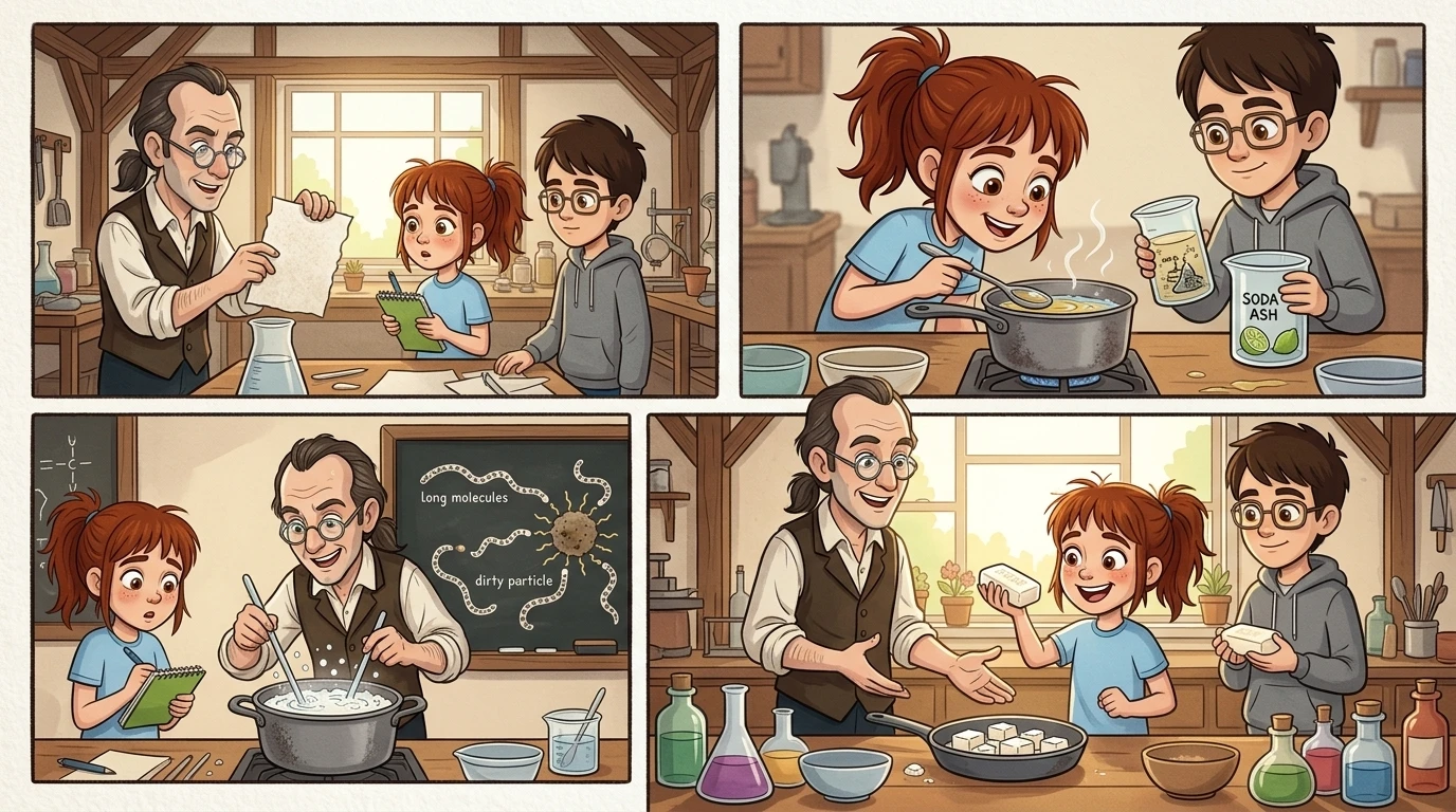 勒布朗将纯碱加入一锅油和水中,然后兴奋地指着说:“看!油分解成了微小的液滴!纯碱有助于制造肥皂分子,这些分子一端亲水,一端疏水。 勒布朗将纯碱加入一锅油和水中,然后兴奋地指着说:“看!油分解成了微小的液滴!纯碱有助于制造肥皂分子,这些分子一端亲水,一端疏水。