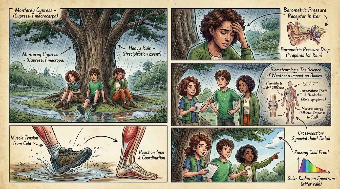 他们蜷缩在一棵蒙特雷柏树粗壮的树枝下，雨点猛烈地敲打着头顶的树叶。“暴风雨来临前，我的头就开始疼了，”梅小声嘟囔着，揉着太阳穴。