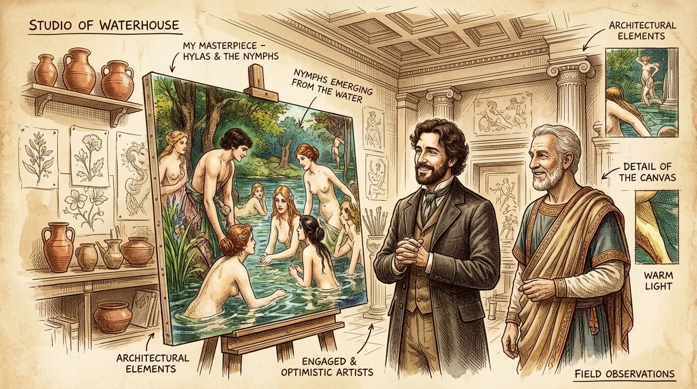 John William Waterhouse stands before his completed masterpiece, 'Hylas and the Nymphs.' Completed in 1896, the painting measures 98 x 163 cm and resides in the… John William Waterhouse stands before his completed masterpiece, 'Hylas and the Nymphs.' Completed in 1896, the painting measures 98 x 163 cm and resides in the…