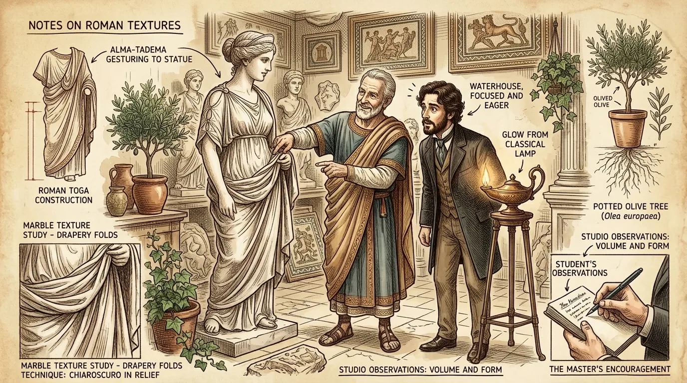 A young Waterhouse visits the studio of Lawrence Alma-Tadema. The opulent space, filled with classical artifacts, deeply impresses him. A young Waterhouse visits the studio of Lawrence Alma-Tadema. The opulent space, filled with classical artifacts, deeply impresses him.