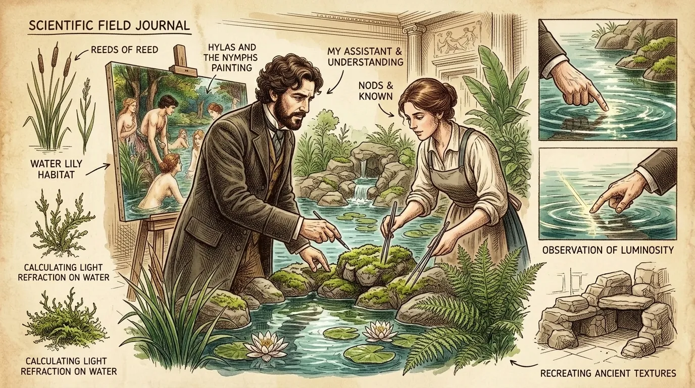 Waterhouse meticulously recreates the scene of the pool where Hylas meets his fate. He studies the reflections of light on water, the texture of moss-covered… Waterhouse meticulously recreates the scene of the pool where Hylas meets his fate. He studies the reflections of light on water, the texture of moss-covered…
