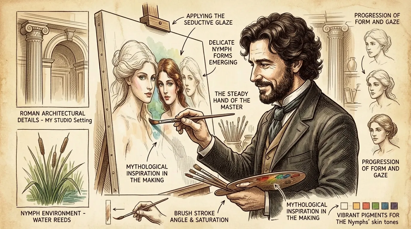 Waterhouse layers the paint, building up the forms of the nymphs with delicate brushstrokes. He captures their seductive gazes, their graceful limbs, and the… Waterhouse layers the paint, building up the forms of the nymphs with delicate brushstrokes. He captures their seductive gazes, their graceful limbs, and the…