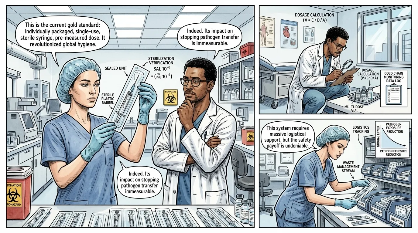 A modern medical technician examines a sealed, individually packaged hypodermic… A modern medical technician examines a sealed, individually packaged hypodermic…
