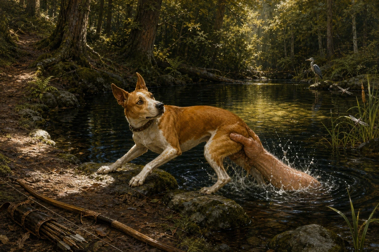 The hunter and his hound walked for a long day through the shadowy trees until they came to a still, dark pond hidden deep in the forest. The hunter and his hound walked for a long day through the shadowy trees until they came to a still, dark pond hidden deep in the forest.