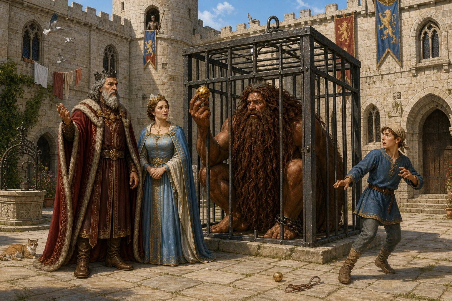 Back at the castle, the king had a strong iron cage built in the middle of the courtyard, and had the wild man chained inside it where everyone could see him… Back at the castle, the king had a strong iron cage built in the middle of the courtyard, and had the wild man chained inside it where everyone could see him…