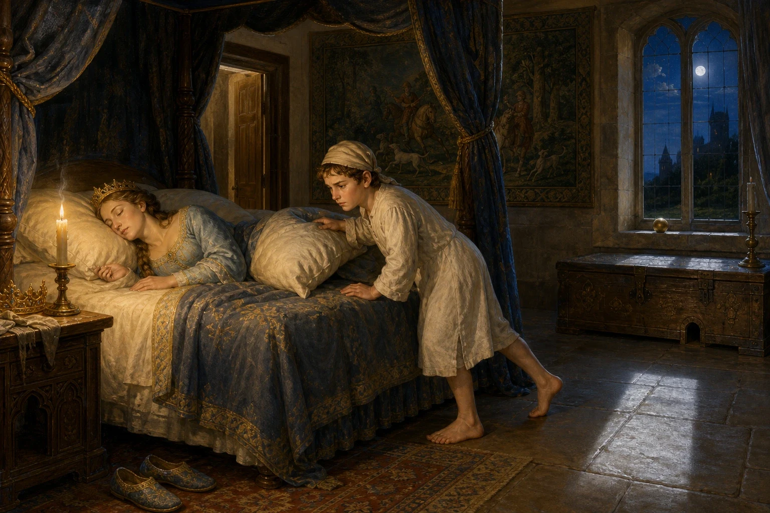 That night, lying awake and thinking of the golden ball, the boy came three times to his mother's door and three times turned back again, afraid. That night, lying awake and thinking of the golden ball, the boy came three times to his mother's door and three times turned back again, afraid.