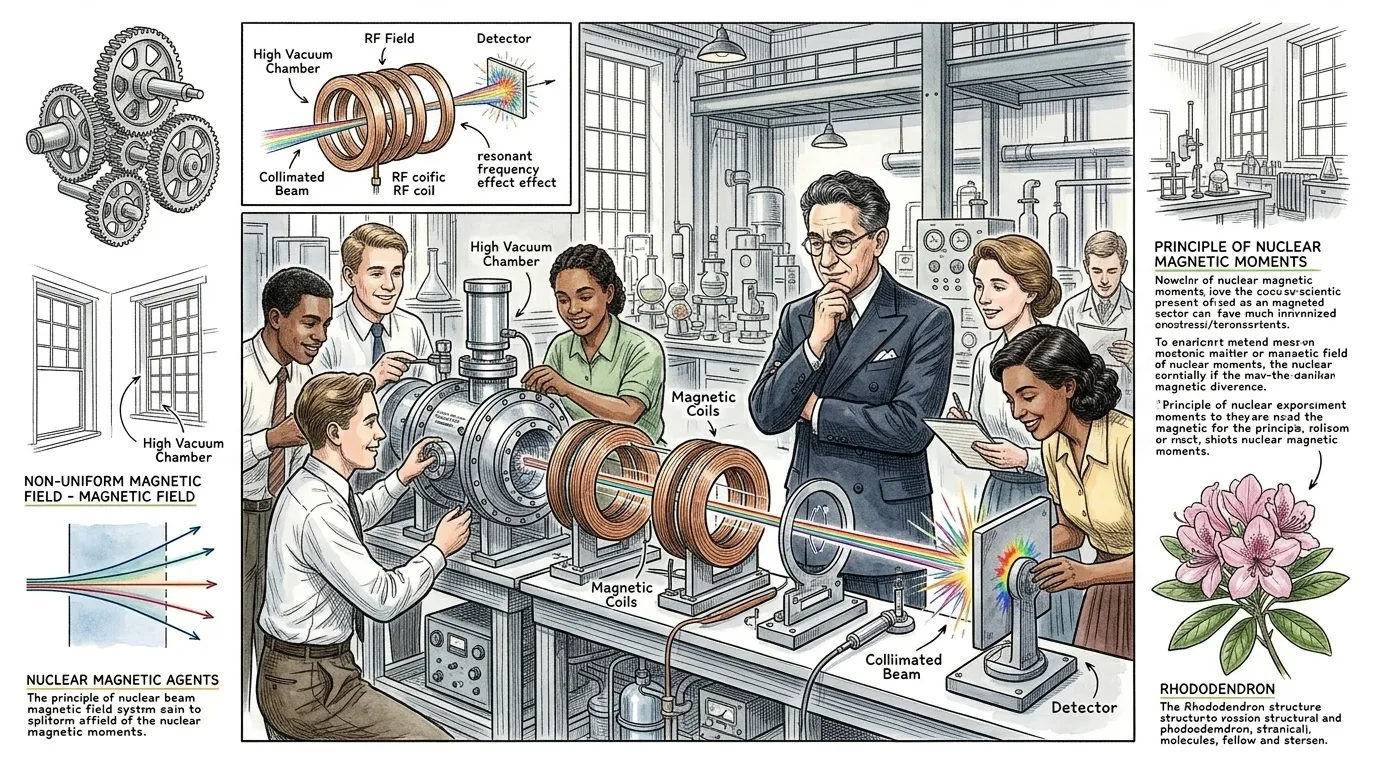 拉比和他的团队,包括他才华横溢的学生们,在哥伦比亚大学一丝不苟地搭建了这套设备。他们的分子束机器是工程学上的一个奇迹,它结合了高真空技术、精确控制的… 拉比和他的团队,包括他才华横溢的学生们,在哥伦比亚大学一丝不苟地搭建了这套设备。他们的分子束机器是工程学上的一个奇迹,它结合了高真空技术、精确控制的…