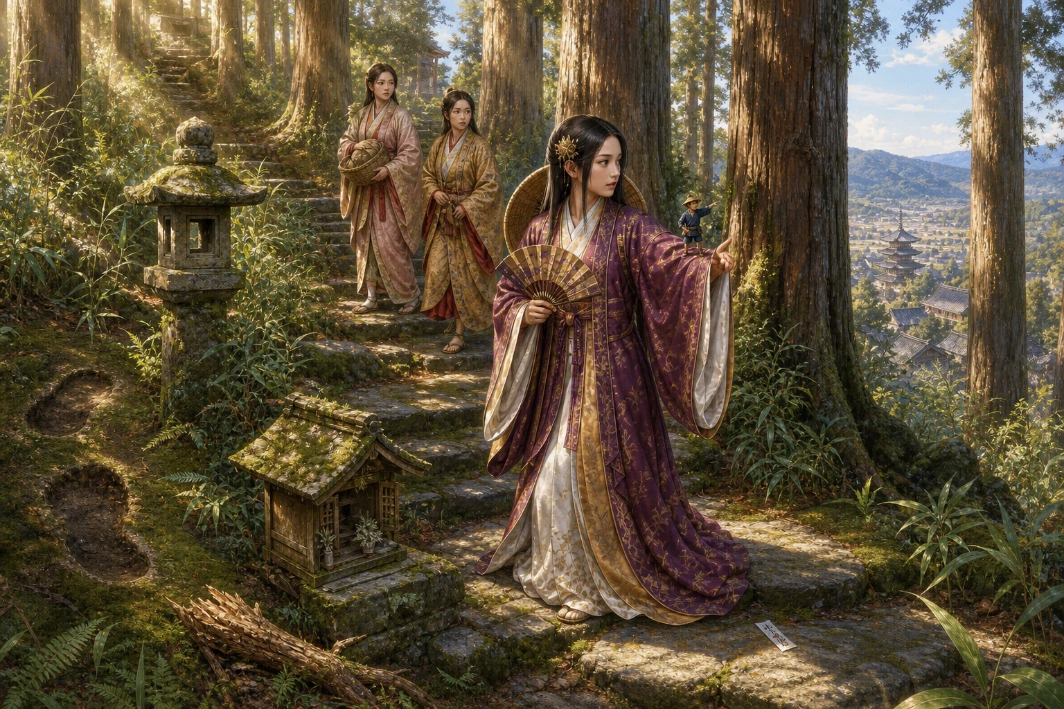 In the spring the young lady went on a pilgrimage up the mountain to the great temple above the city, with two of her women walking behind her, and Issun-boshi… In the spring the young lady went on a pilgrimage up the mountain to the great temple above the city, with two of her women walking behind her, and Issun-boshi…