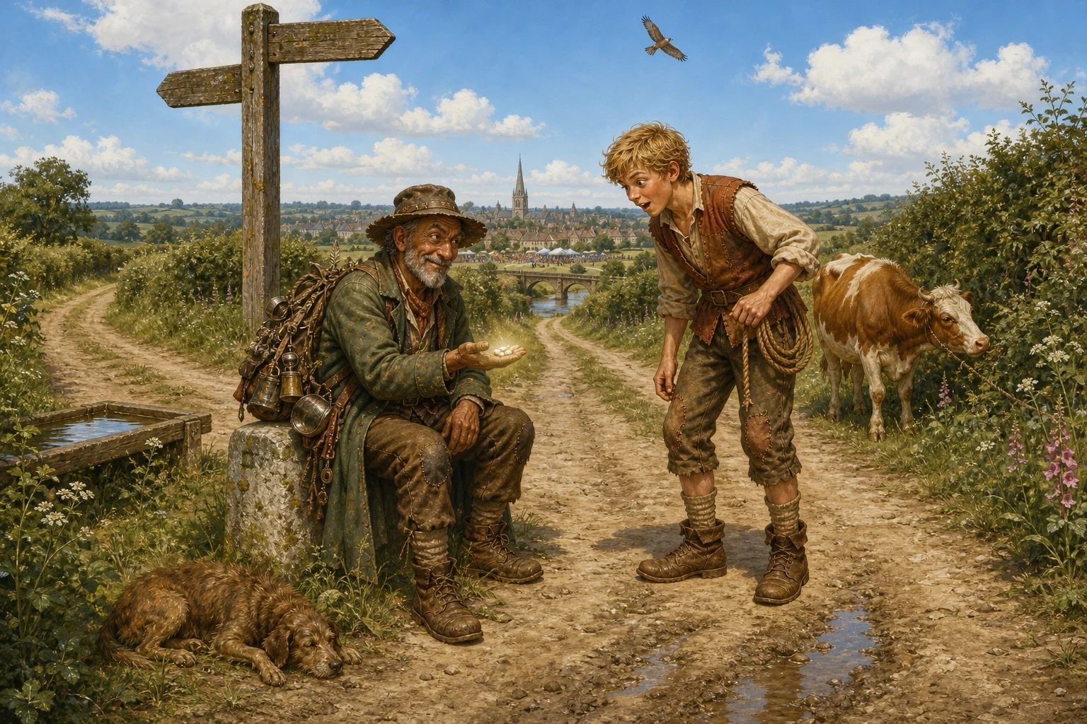 Jack had not gone half the distance to market when he came to a crossroads where an old man sat on a milestone, as if he had been waiting there all morning. Jack had not gone half the distance to market when he came to a crossroads where an old man sat on a milestone, as if he had been waiting there all morning.