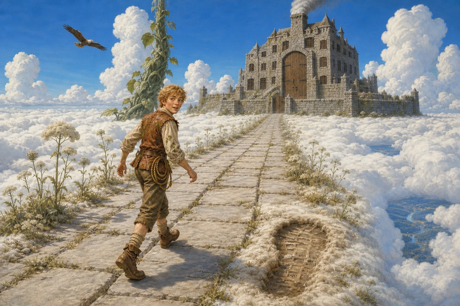 Jack climbed until his arms ached and the cottage below was a speck, and then he climbed into the clouds themselves, where everything went white and quiet and… Jack climbed until his arms ached and the cottage below was a speck, and then he climbed into the clouds themselves, where everything went white and quiet and…