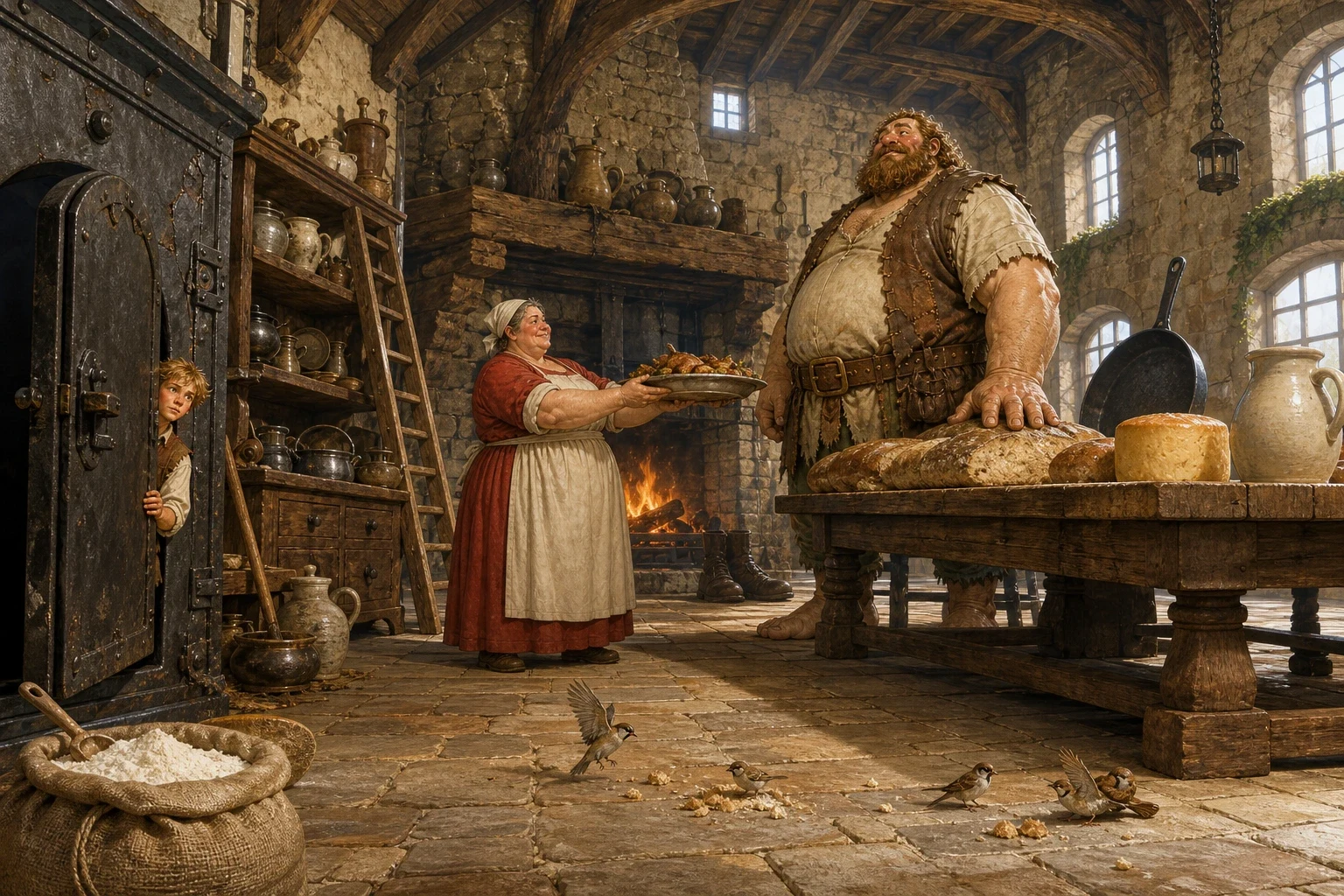 The giantess who opened the door was as broad as a cart and had flour to her elbows, and she was so surprised to see a boy on her step that she let him in. The giantess who opened the door was as broad as a cart and had flour to her elbows, and she was so surprised to see a boy on her step that she let him in.