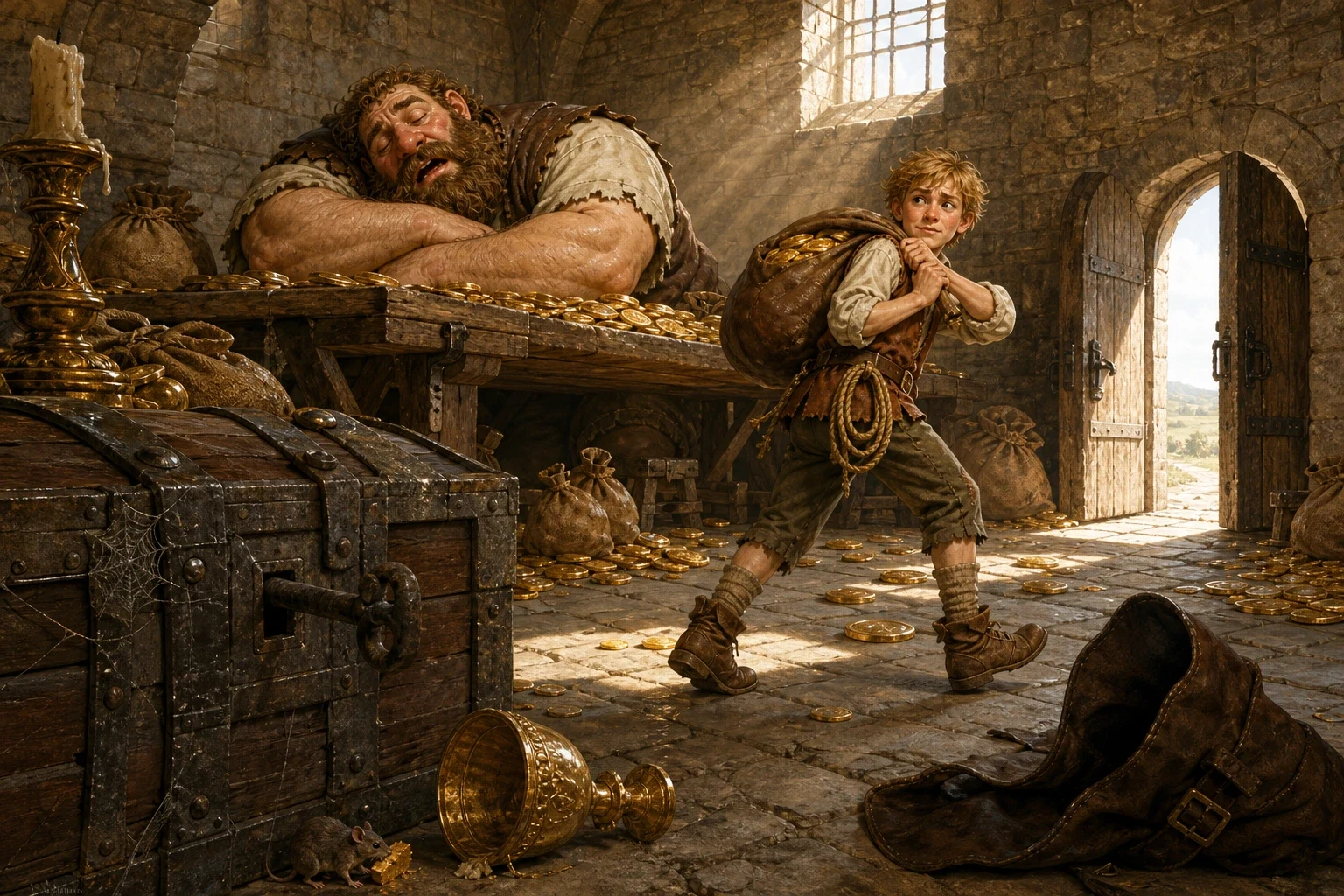 When the giant had finished eating he went stamping off into the next room, and Jack crept out of the oven to follow him and see where he went. When the giant had finished eating he went stamping off into the next room, and Jack crept out of the oven to follow him and see where he went.