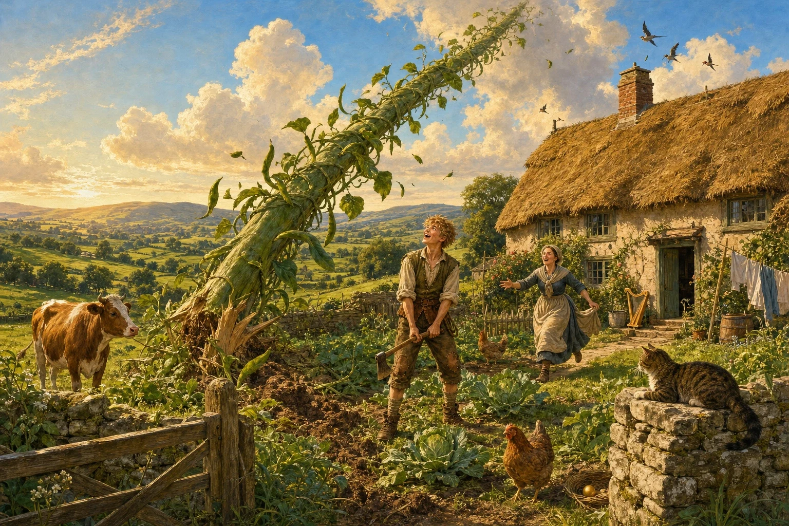 Jack dropped the last few feet into his own cabbages and shouted for the axe. His mother brought it running. Jack swung it at the great stalk — once, twice… Jack dropped the last few feet into his own cabbages and shouted for the axe. His mother brought it running. Jack swung it at the great stalk — once, twice…