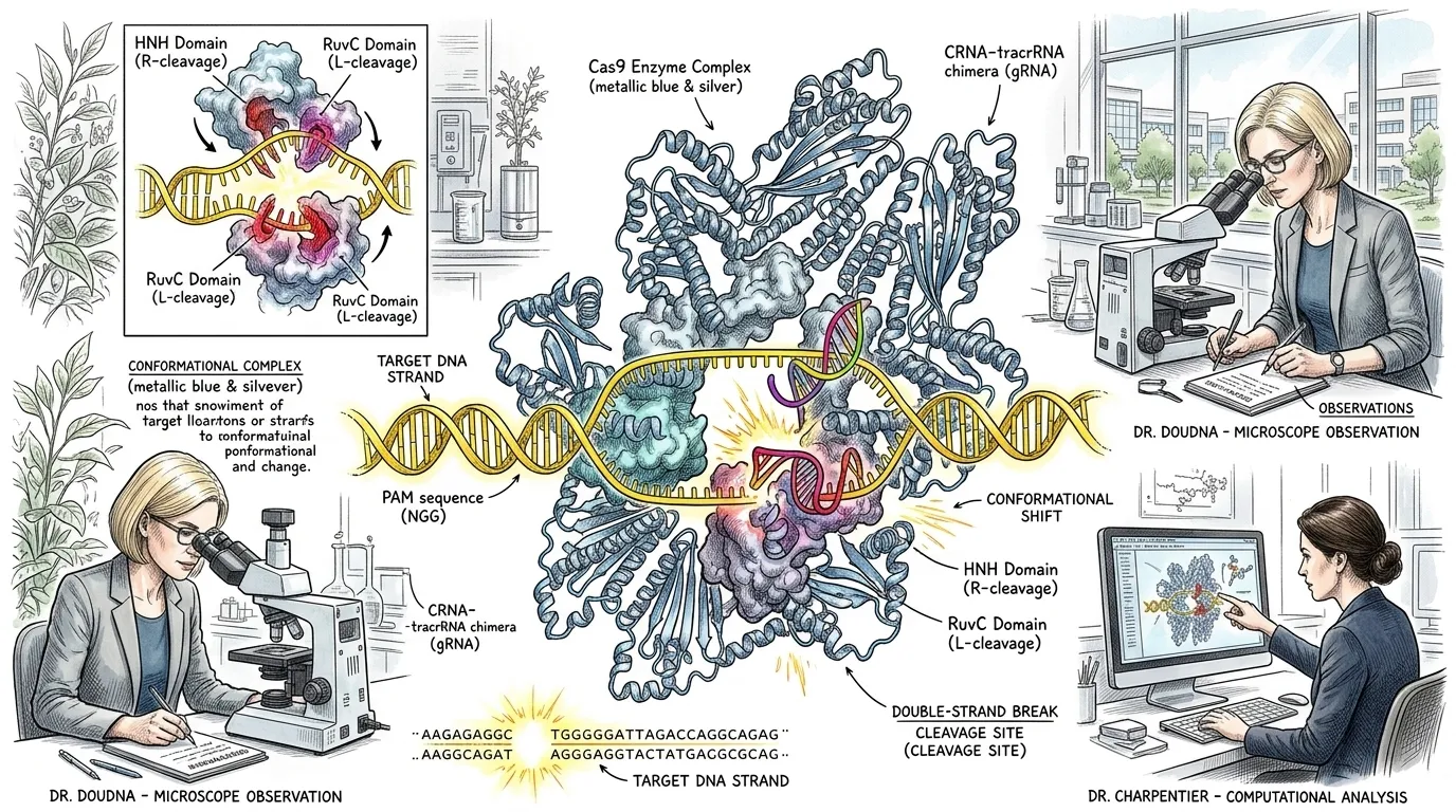 当Cas9找到与其sgRNA完美匹配,且紧邻PAM序列的目标DNA时,它会发生构象变化。其两个催化结构域HNH和RuvC随即启动,精确地切割DNA双… 当Cas9找到与其sgRNA完美匹配,且紧邻PAM序列的目标DNA时,它会发生构象变化。其两个催化结构域HNH和RuvC随即启动,精确地切割DNA双…