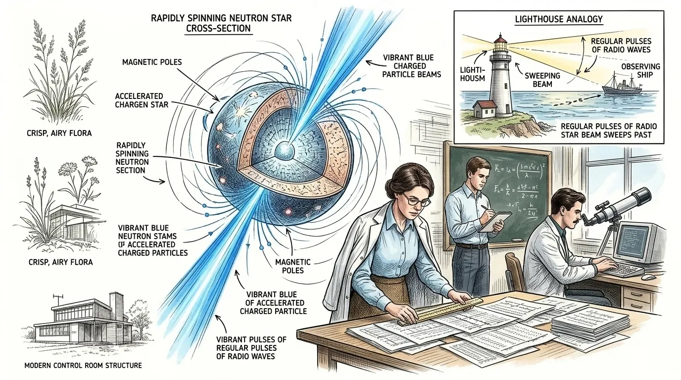 中子星拥有令人难以置信的强大磁场。当它们旋转时，这些磁场会加速带电粒子，将它们汇聚成集中的辐射束，从磁极喷射而出。