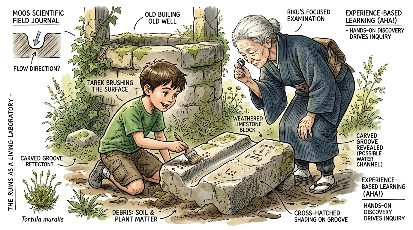 在水井附近，塔雷克发现了一块半埋在土里的奇特而沉重的石块，上面刻着一道长而光滑的凹槽。 “‘瑞库奶奶，看这块奇怪的石头！