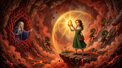 在火山深处，他们发现柳教授被困在一个由扭曲藤蔓制成的笼子里。根地精们不见踪影。空气中弥漫着浓烟，地面颤抖着。“火山快要爆发了！”柳教授喊道。