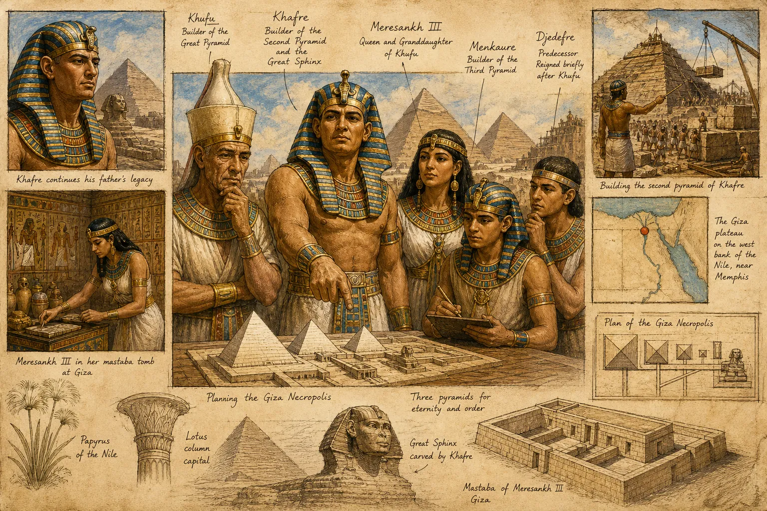 From the polished red granite of his audience hall in Memphis, King Khafre gazes through a tall, narrow slit window. The distant, shimmering silhouette of his…