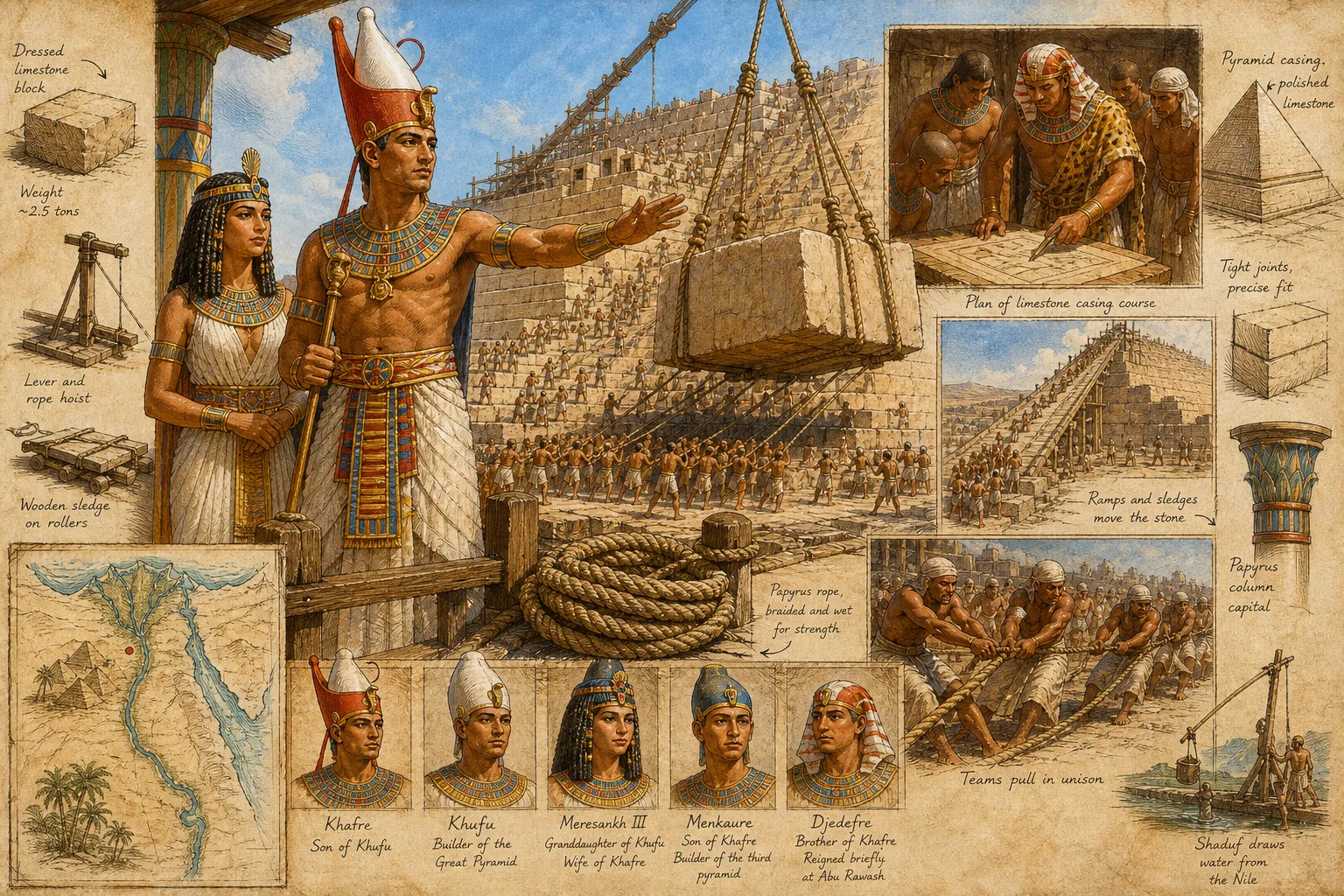 High on the Giza plateau, the enormous ramp leading to Khafre's pyramid is a hive of ceaseless activity. King Khafre, now wearing the double crown of Upper and…