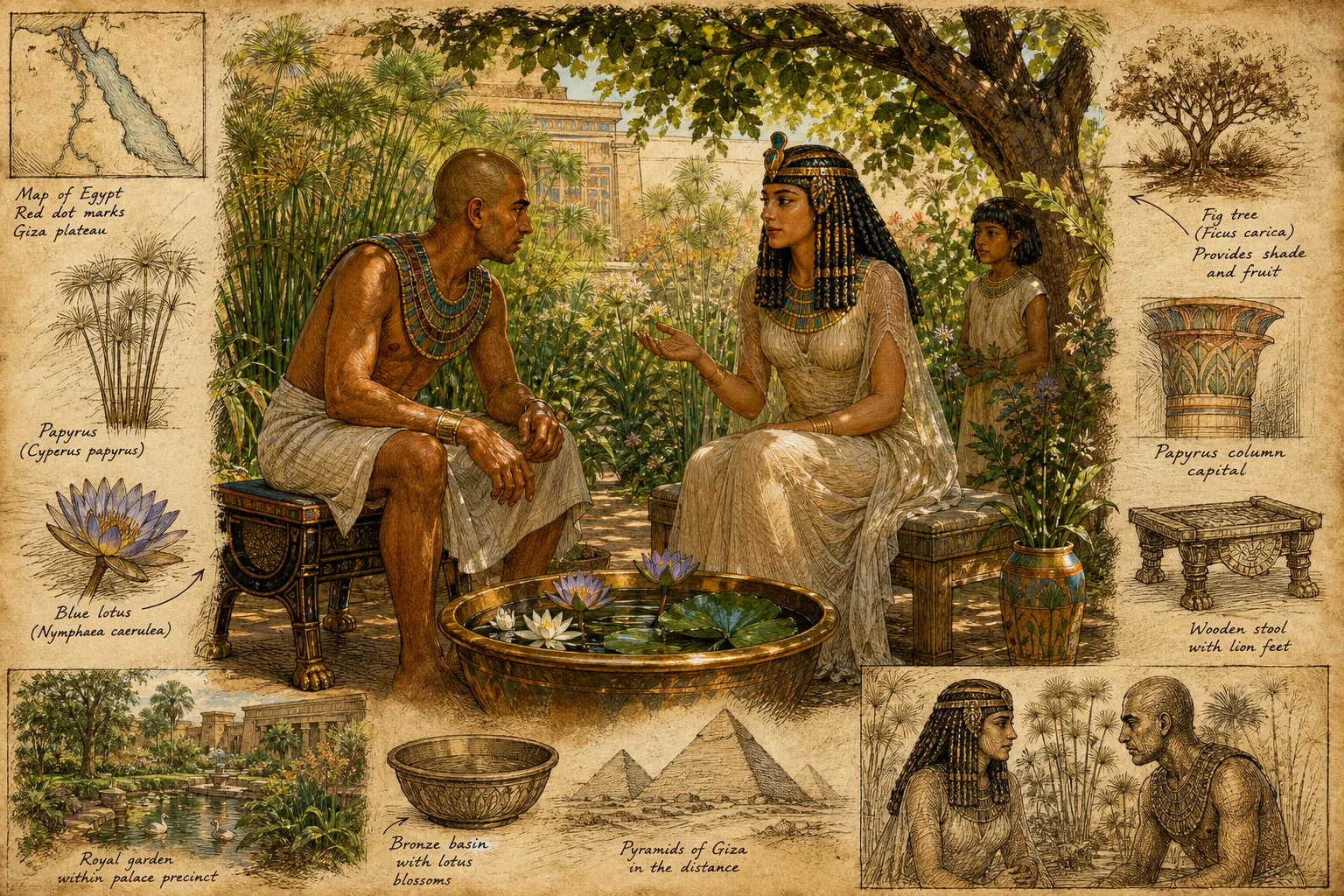 Cool, scented breezes rustle the papyrus reeds in the royal gardens of Memphis. King Khafre, his ceremonial regalia set aside for the intimacy of his private…