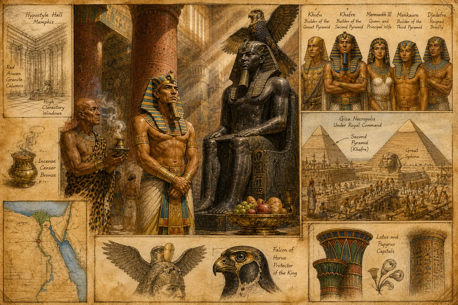 Within the heart of his newly completed Valley Temple, a place of profound stillness and polished stone, King Khafre participates in a solemn ceremony.