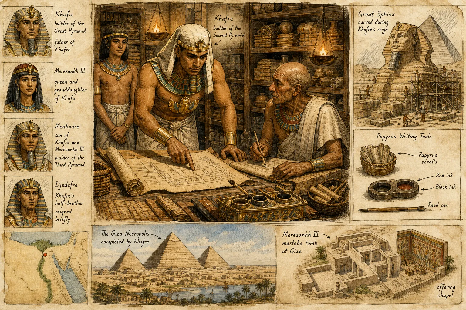 In a bustling scribe's office within the royal palace, the air is thick with the scent of papyrus and ink. King Khafre, now a seasoned ruler, leans over a low…