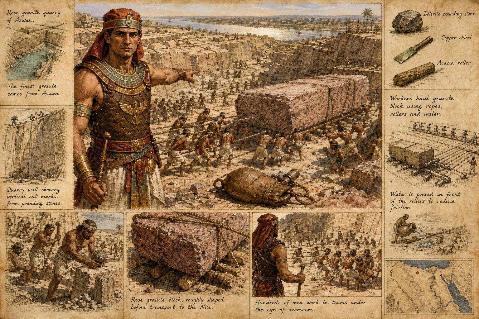 Far to the south, at the rugged granite quarries of Aswan, the relentless sun beats down on a scene of monumental human effort.