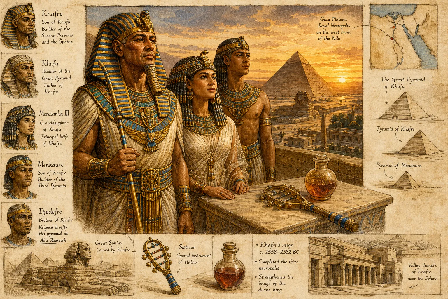 On a newly constructed terrace high on the Giza plateau, King Khafre, now older, his strong face etched with the wisdom of years, surveys his life's work.