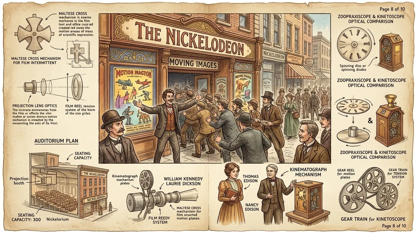 电影放映机(Kinetoscope)的流行催生了“镍币影院”(Nickelodeons)的建立,这些早期的电影院收取五美分入场费。 电影放映机(Kinetoscope)的流行催生了“镍币影院”(Nickelodeons)的建立,这些早期的电影院收取五美分入场费。