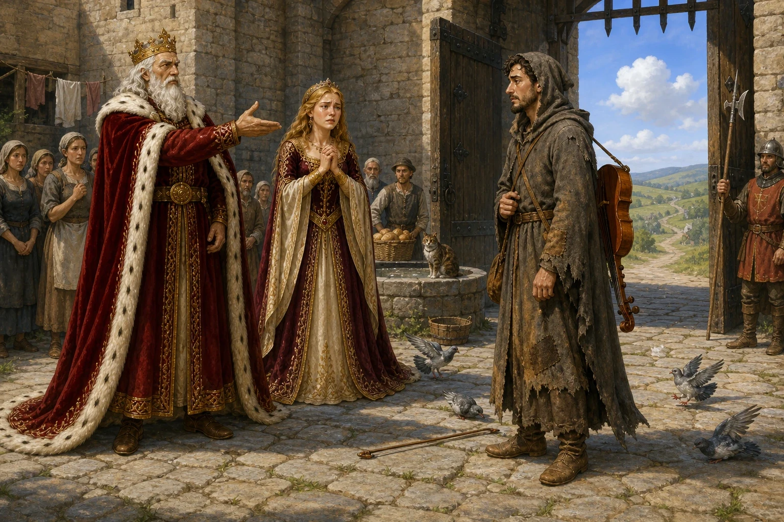 Not long after that, as it happened, a wandering minstrel came walking up to the castle gate with an old fiddle under his arm, and finding himself hungry, he… Not long after that, as it happened, a wandering minstrel came walking up to the castle gate with an old fiddle under his arm, and finding himself hungry, he…