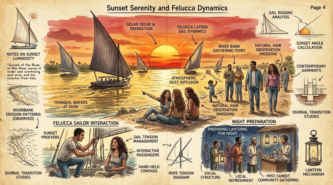 当太阳沉入地平线以下，尼罗河在康翁布附近变成了一条闪烁的金色丝带。传统的三角帆船在平静的水面上轻轻滑过，白色的船帆在火红的天空中勾勒出剪影。