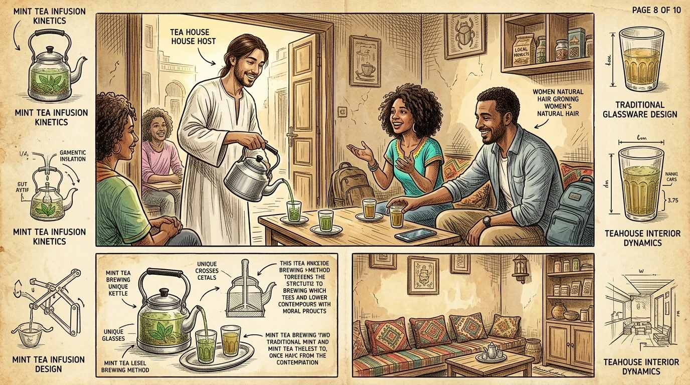 康翁布当地的茶馆是一个重要的社交中心，人们聚集在这里品尝传统茶饮，分享故事。空气中弥漫着薄荷的香气和人们交谈的低语，营造出一种舒适温馨的氛围。